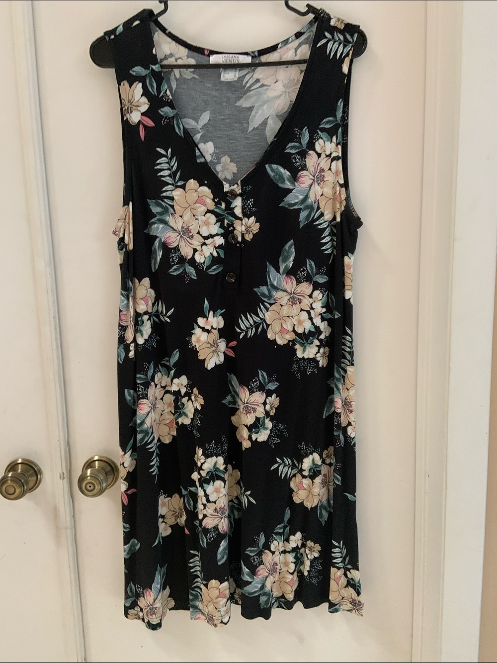 Floral Sleeveless Midi Dress - Black with Cream & Green Floral
